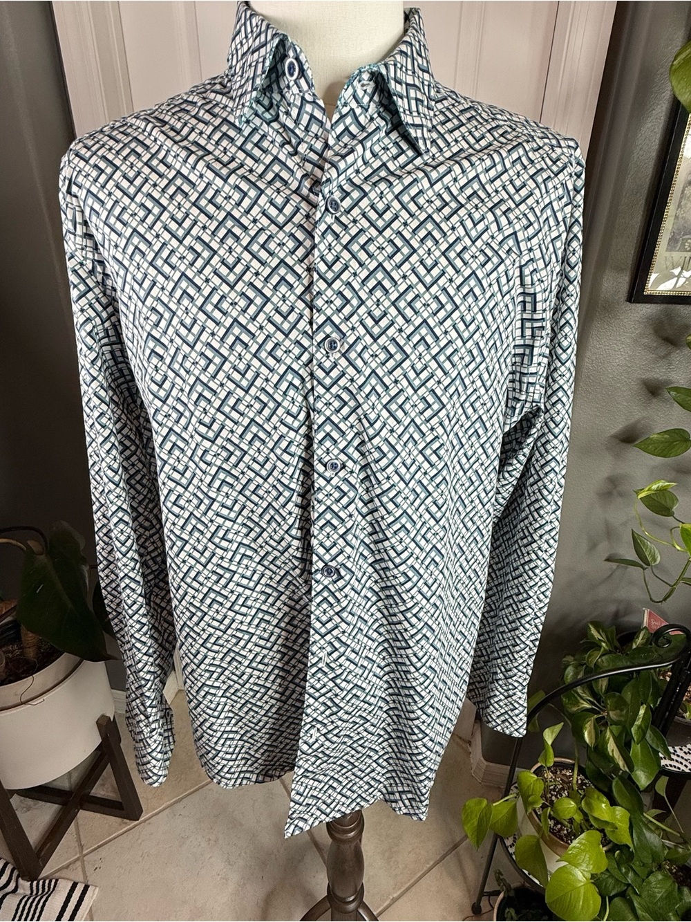 Robert Graham Classic Fit XL Geometric Print Button Down Shirt Blue Teal - Picture 13 of 16
